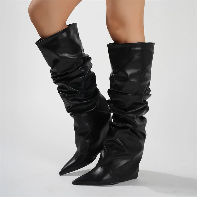 Pleated Black Leather Women's Knee High Boots Sexy Slip On Wedges Shoes Party Ladies Pointed Toe Women High Knee Botas Femininas 260918