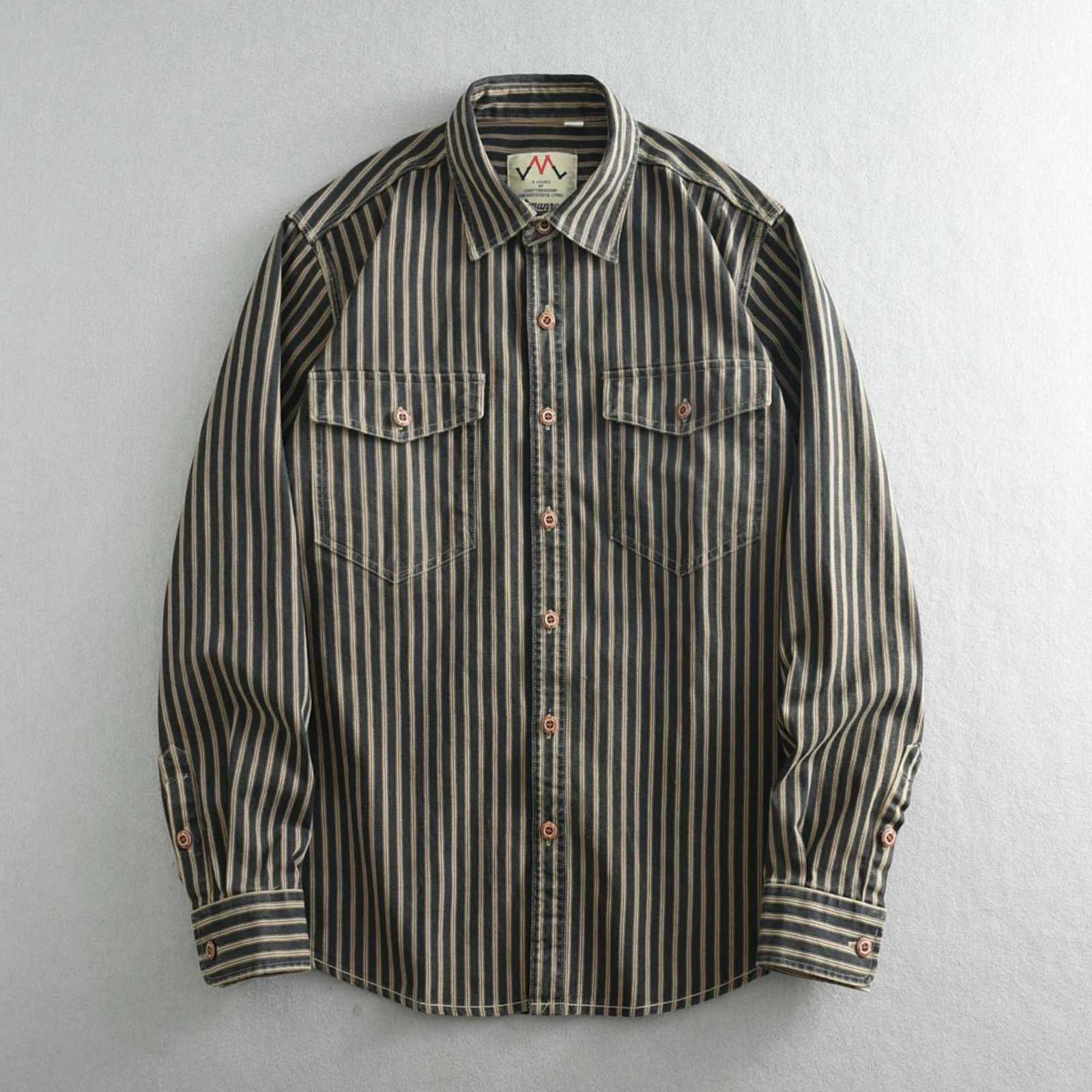 Men's Casual Shirts 100% cotton wash American classic color striped casual shirt men spring autumn loose long-sleeved shirt men's coat X26