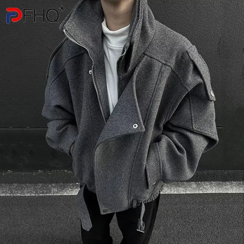 PFHQ Korean Style Male Woolen Jacket Autumn Winter Fashion Patchwork Lapel Handsome Zipper Short Coats 21E7819 260920