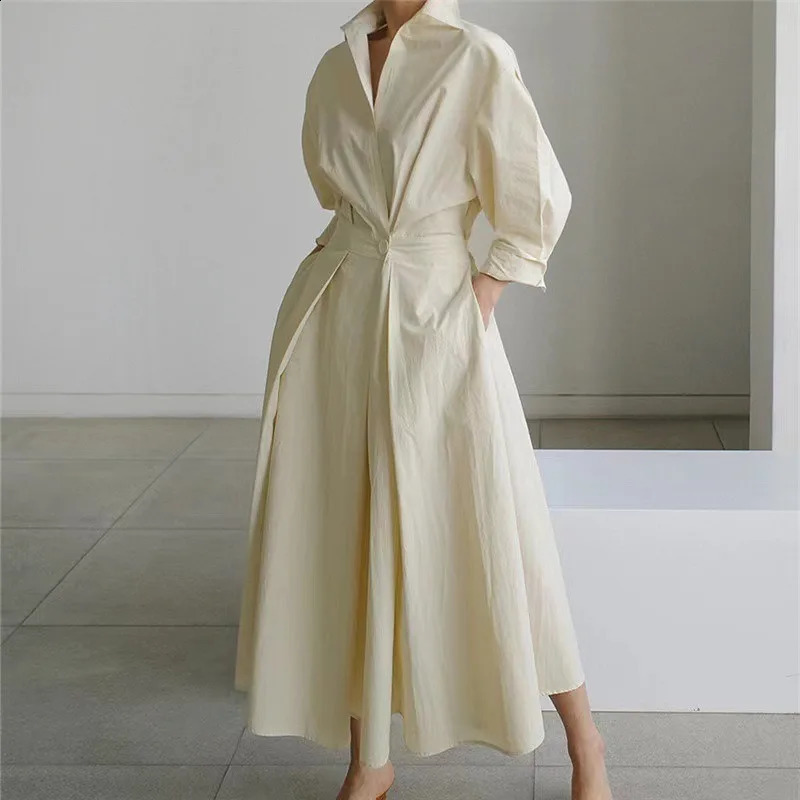 Elegant Womens Summer Dresses 2026 Loose A Line Maxi Shirt Long Sleeve With Pockets Office Commuter Street Casual Dress 260920
