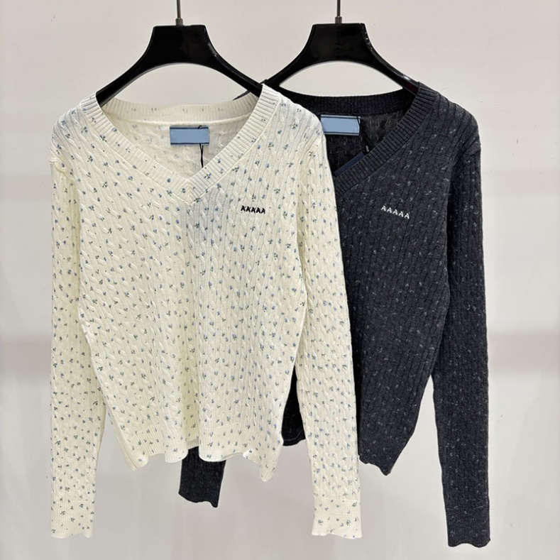 Floral Speckle Knitted Pullover Women V Neck Fitted High Elastic Ribbed Brand Sweater Elegant Long Sleeve Party Commute Jumper