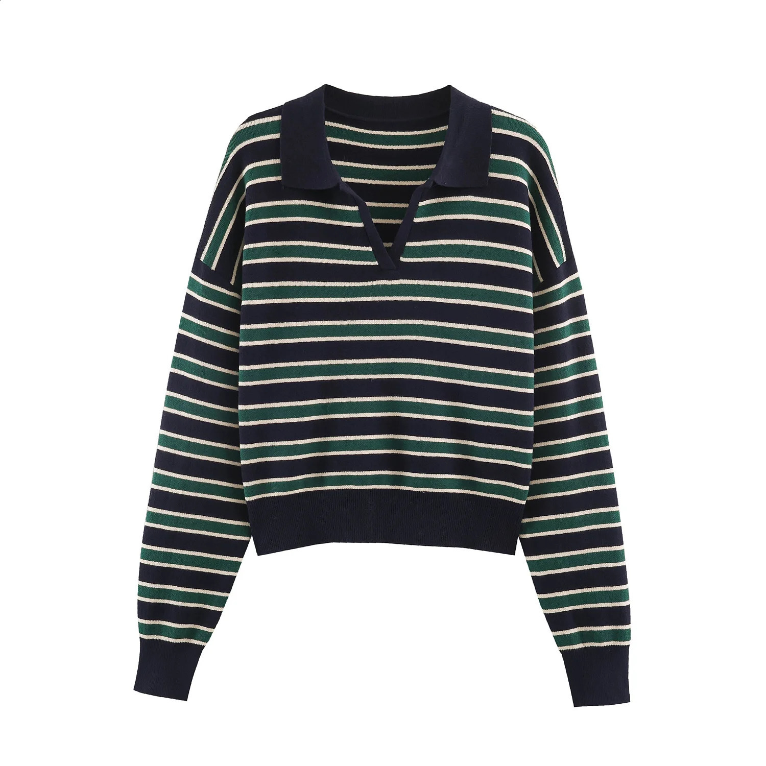 2026 Autumn Womens Elegant Loose Lapel Green Striped Knitted Pullovers Lady Vintage Fashion Polo Collar Oversize Short Sweaters 260920