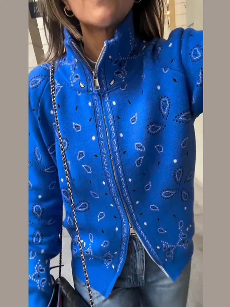 Fashion Paisley Print Womens Knitted Jacket Stand Collar Zip Long Sleeve Loose Cardigan Chic 2026 Autumn Winter Daily Wear 260920