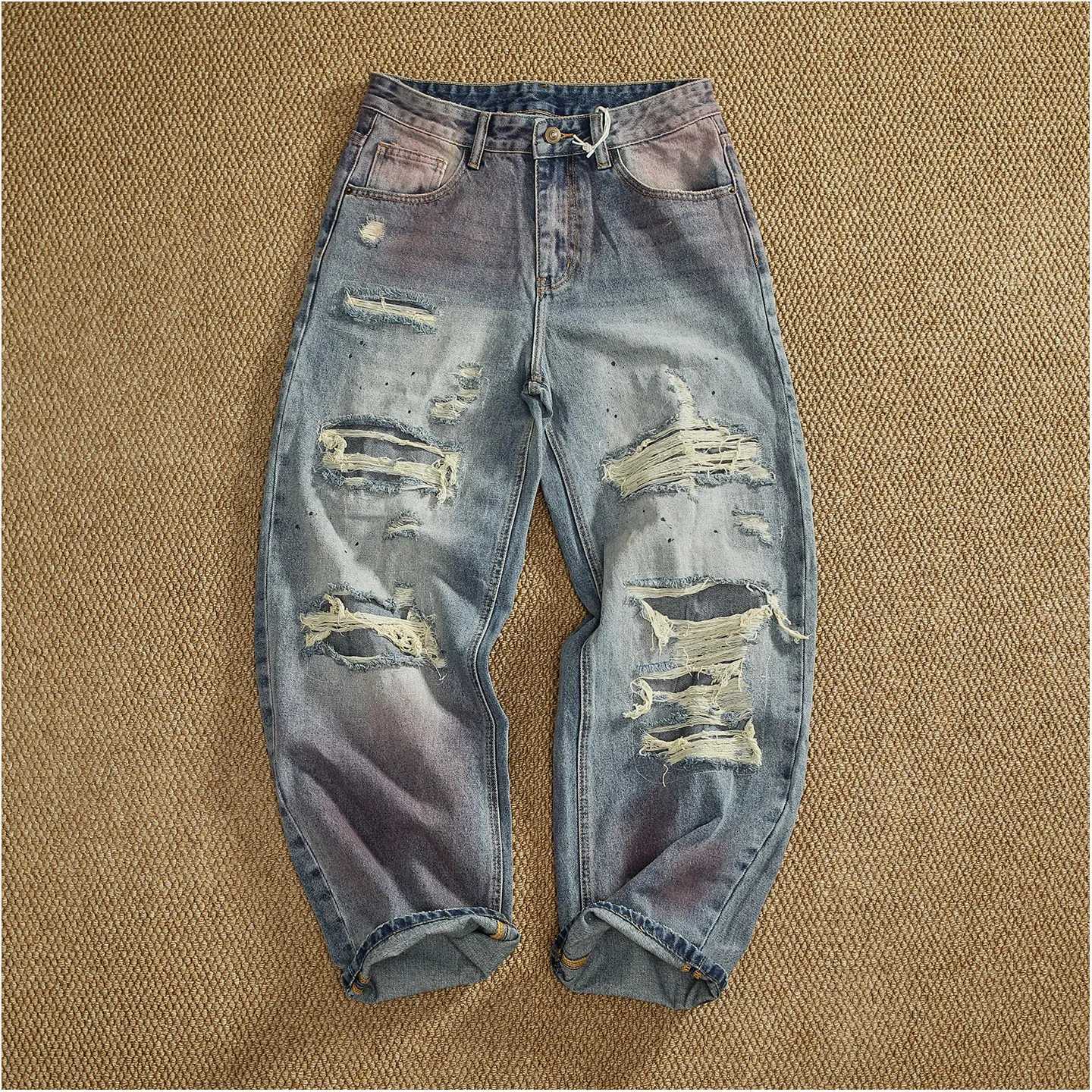 Men's Jeans High street silhouette ripped jeans for men heavy-duty washed ink-splashed patches loose straight-leg floor-length trousers X260919