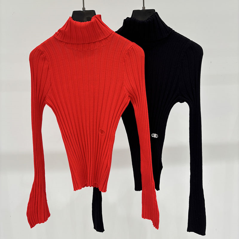 Women Turtleneck Ribbed Knit Tops Embroidery Slim Fit Tees Autumn Winter Christmas Festival Basic Layering Pullovers for Women