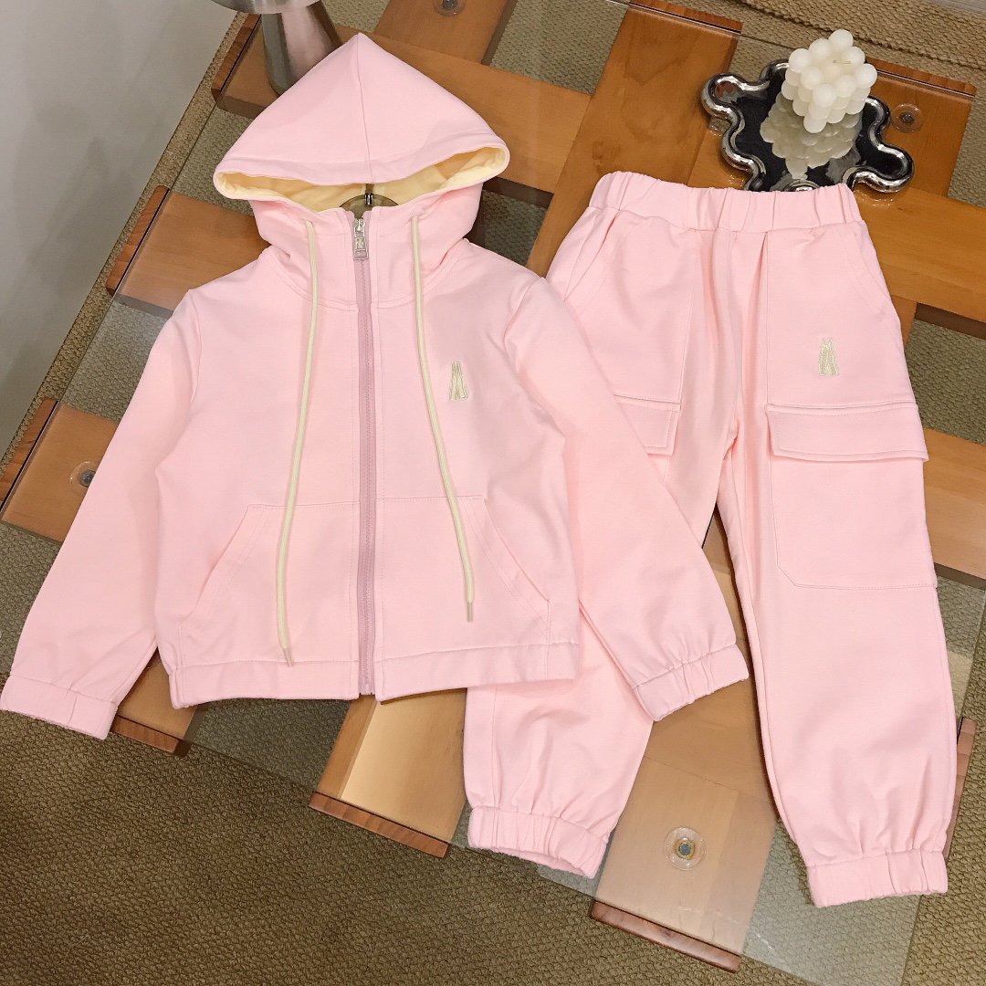 Designer Kids Girls Tracksuit 2 Piece Clothes Set Toddler Teen Girl Hooded Zipper Coat and Multi Pocket Cargo Pants Pink Solid Color Children Daily