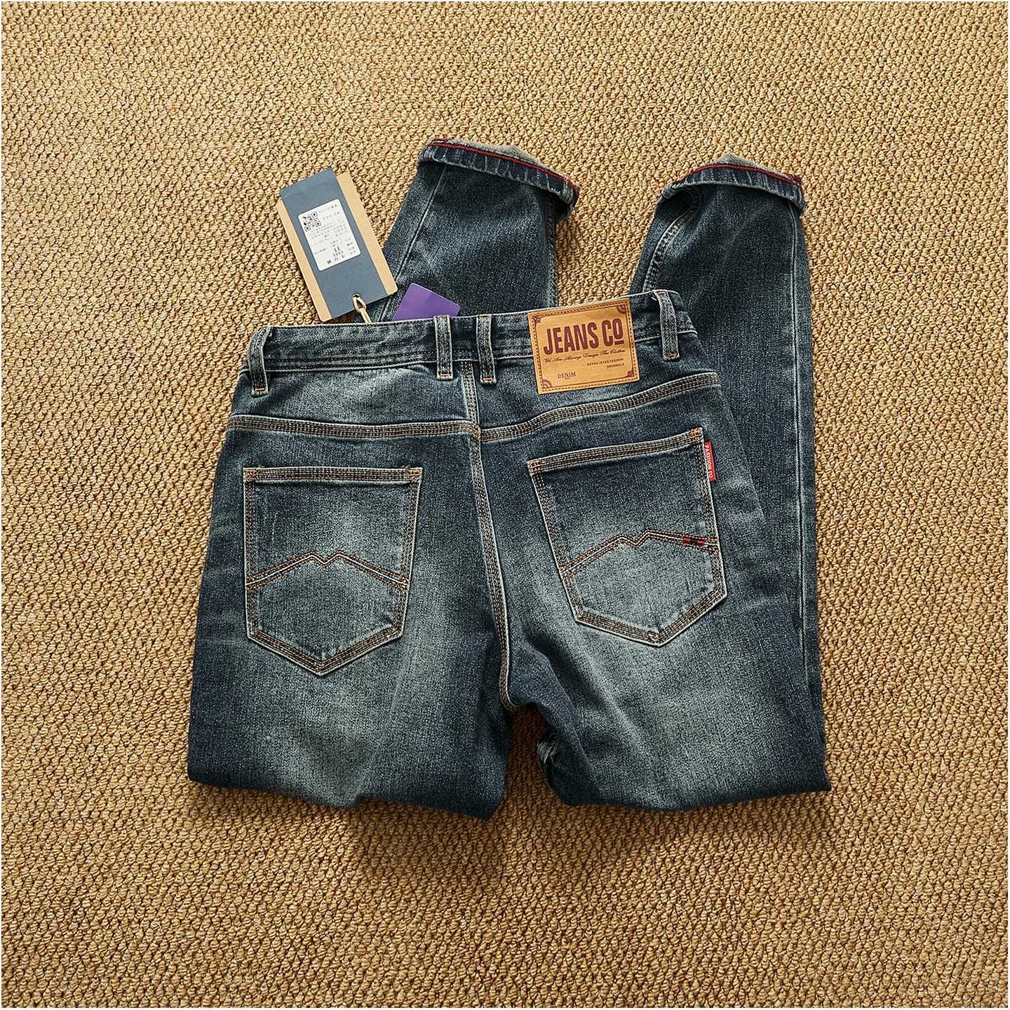 Men's Jeans Heavy stone washed autumn and winter new retro distressed jeans men's small straight cotton stretch denim trousers X260919