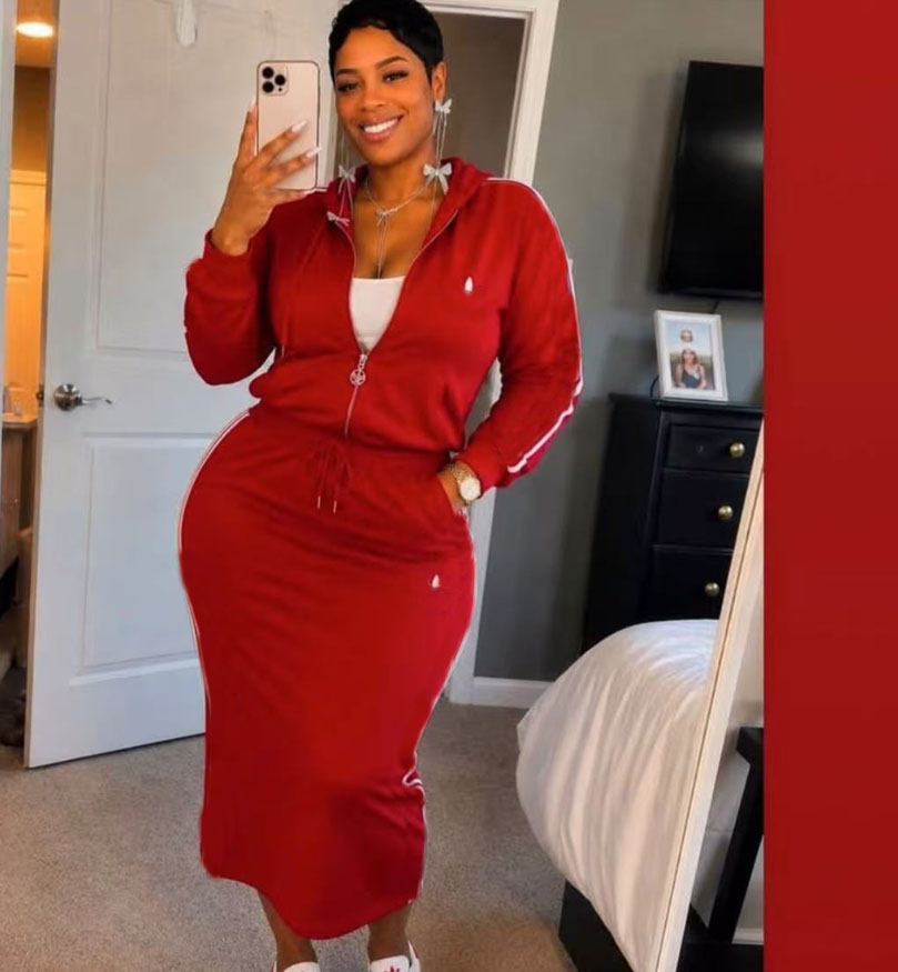 new Women's hooded hoodies half dress set casual zipper cardigan jacket +drawstring wrapped hip dresses two-piece set