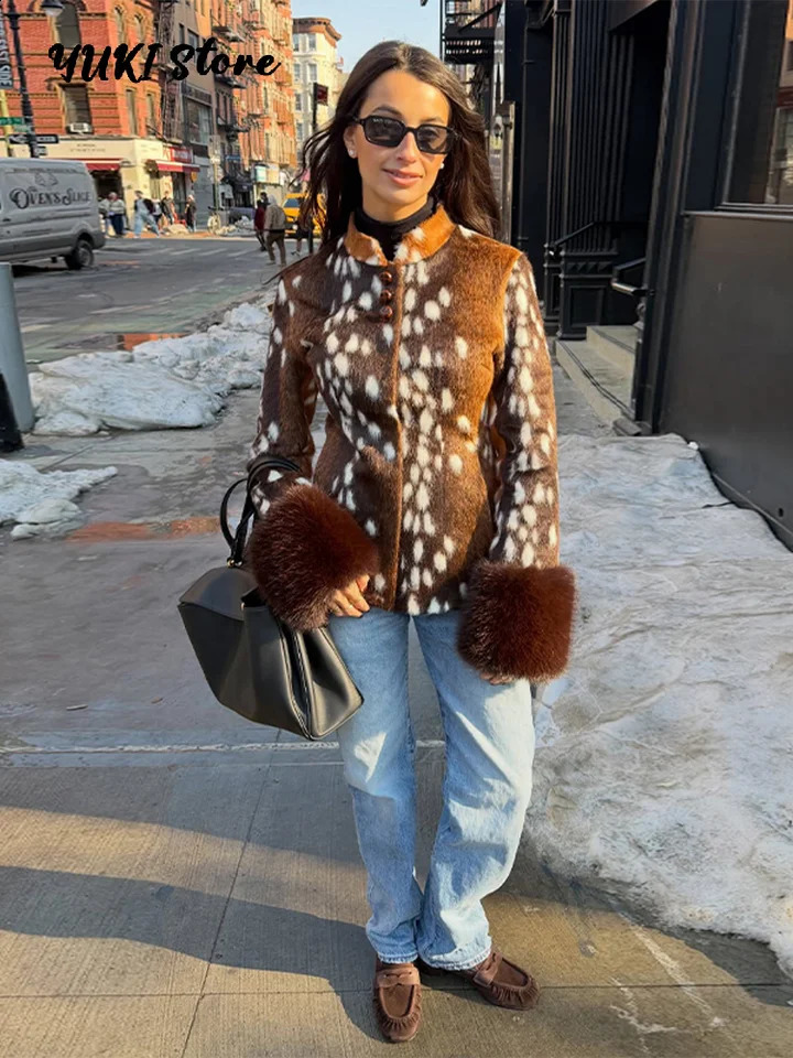 Street Leopard Print Fur Cuffs Jacket Women Stand Collar Full Sleeve Buttons Jackets 2026 Autumn Winter Fashion Lady Outwear 260918
