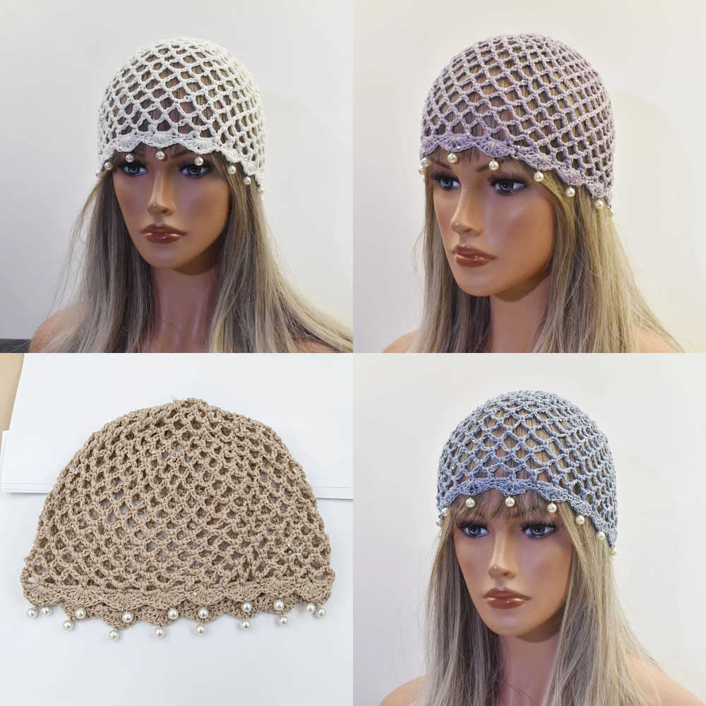 2026 New Women Spring Berets Summer Beanies Flower Hollow Mesh Knitted Hat Beanies Breathable woven artist bead pearl decorative Cap J260919
