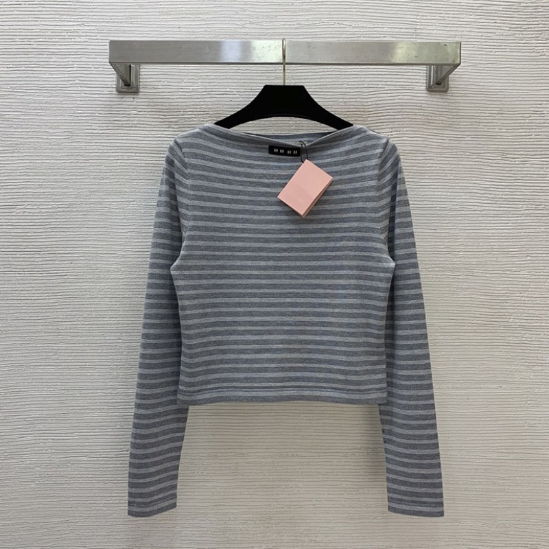 Designer Boat Neck Crop Top Women Sexy Slim Fit Gray Striped T Shirt Spring Summer Daily Casual Tees