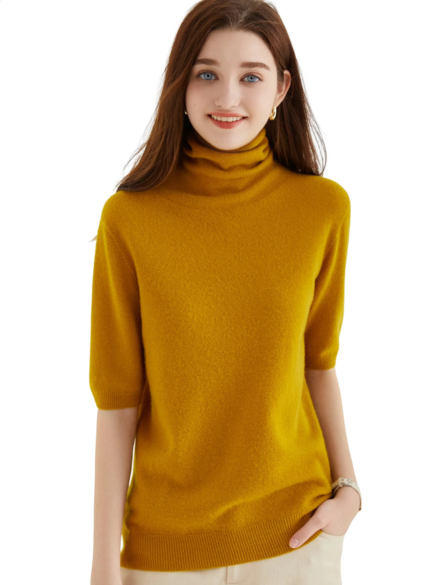 Women's Knit Tops Short Sleeve Fashion Women Sweaters 100% Merino Wool Knitwears Vintage Sweater Turtleneck Pullover Clothes 260918
