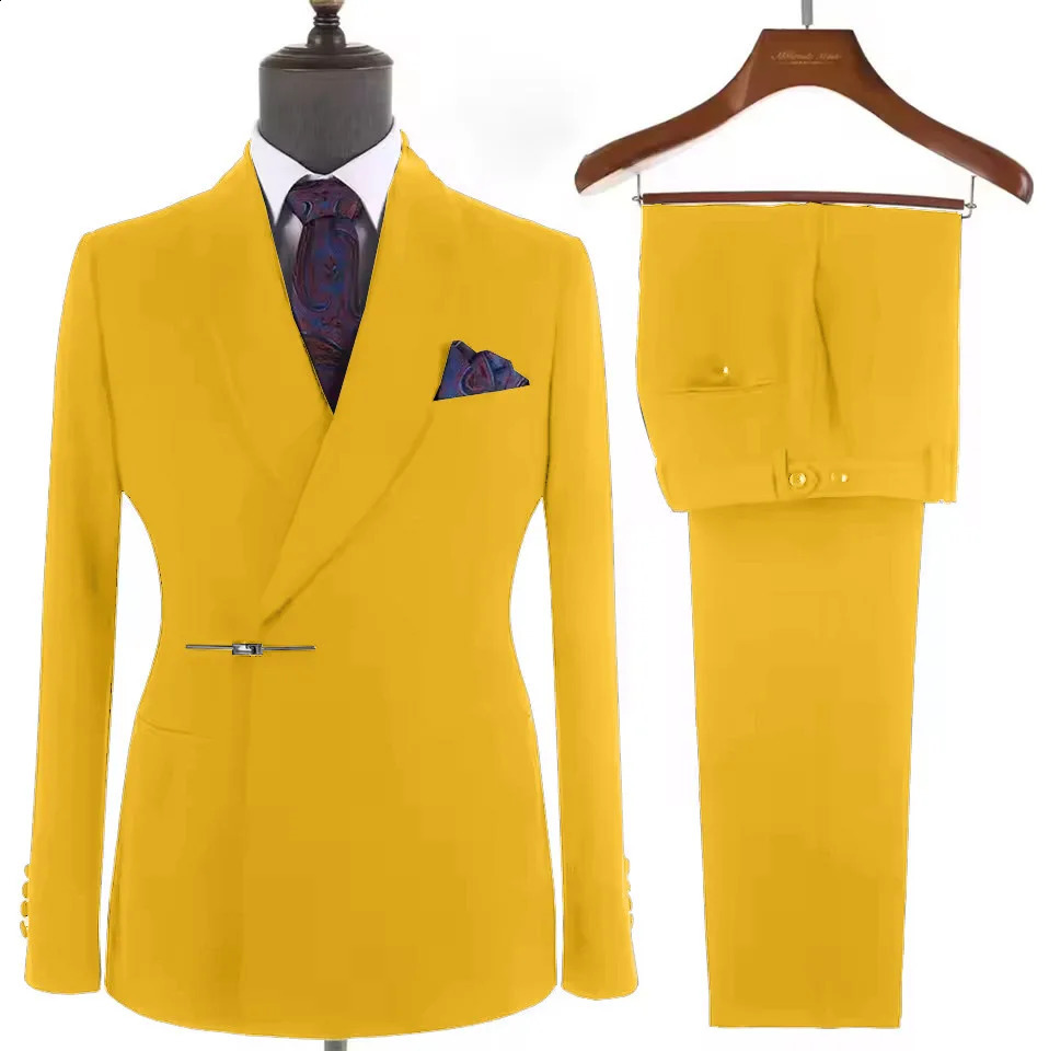 Fashion Style Men's Suit 2Piece Set Shawl Lapel Double Breasted Blazer with Trousers for Prom Dinner Formal Wedding Men Suits 260918