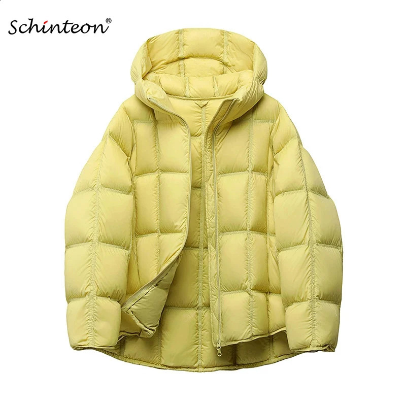 Schinteon Women Light White Down Jacket with Hood Loose Over Size Casual Autumn Winter Outwear Square Warm Short Coat 2026 260918