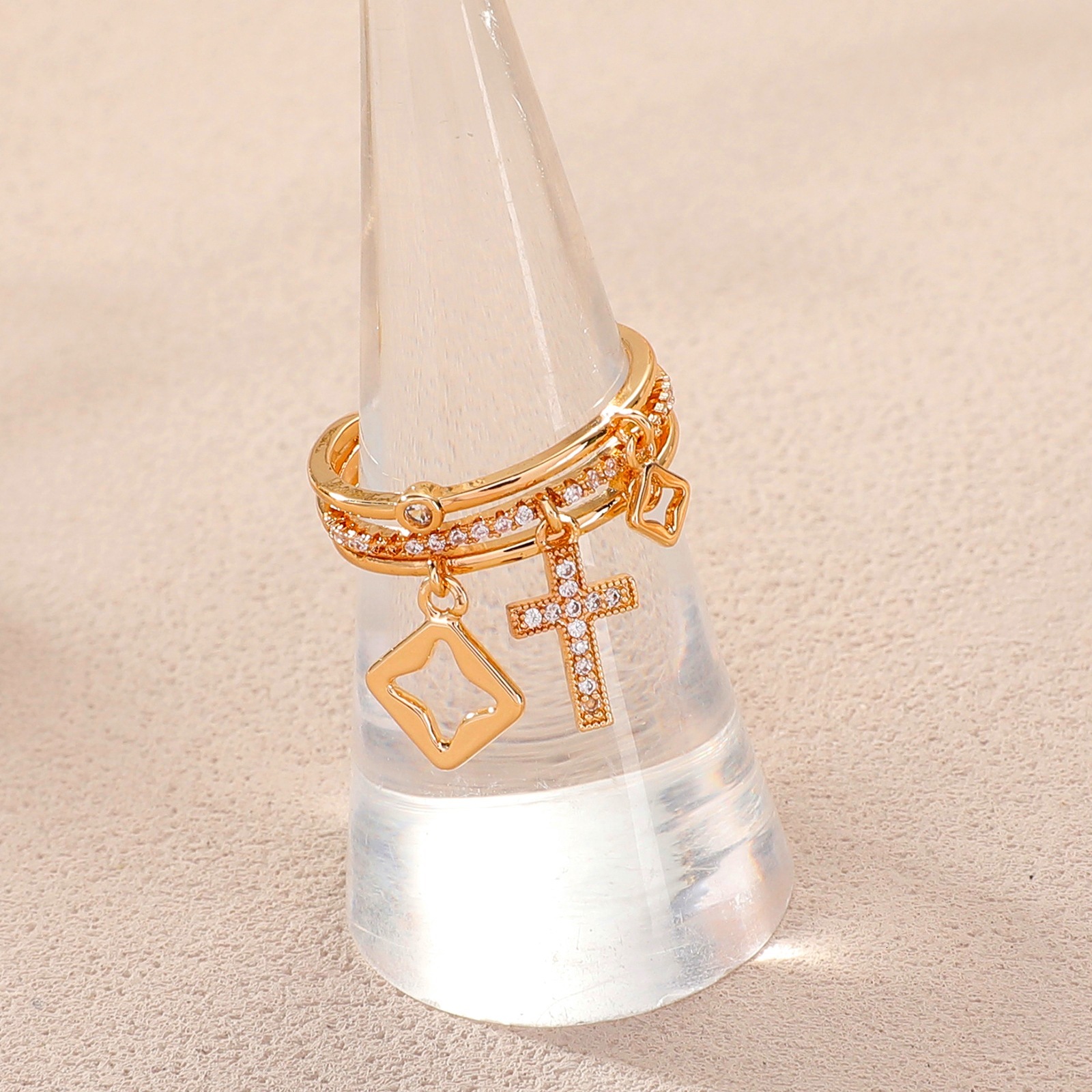 European American Style Cross-Shaped Multi-Layer Zirconia Inlaid Open With A High-End Design, Fashionable And Unique Trendy Ring