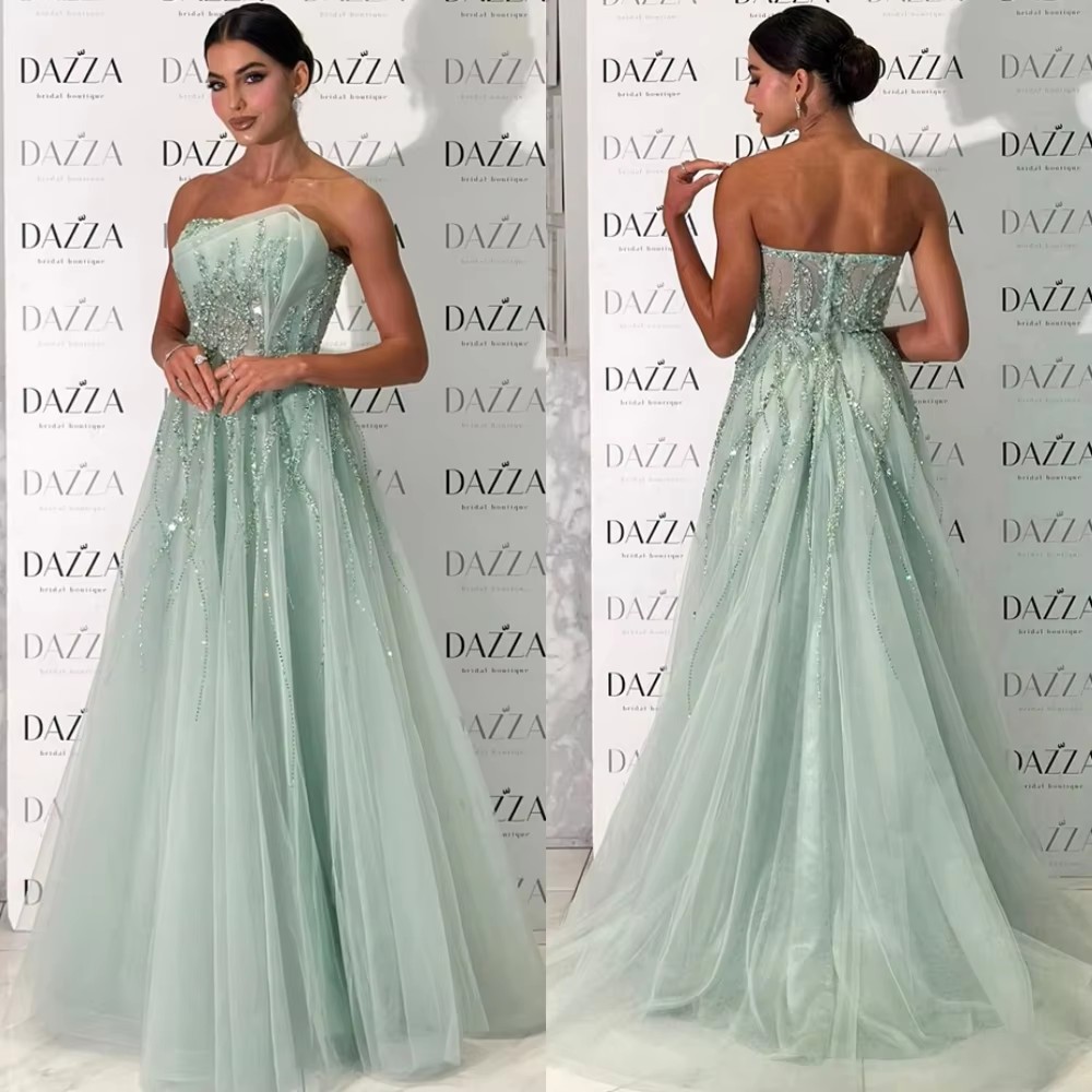 Elegant Sage Evening Formal Dresses Strapless Lace Beads Sequins A-line Tulle Prom Pageant Party Gowns Celebrity Birthday Vestidos De Feast Gala