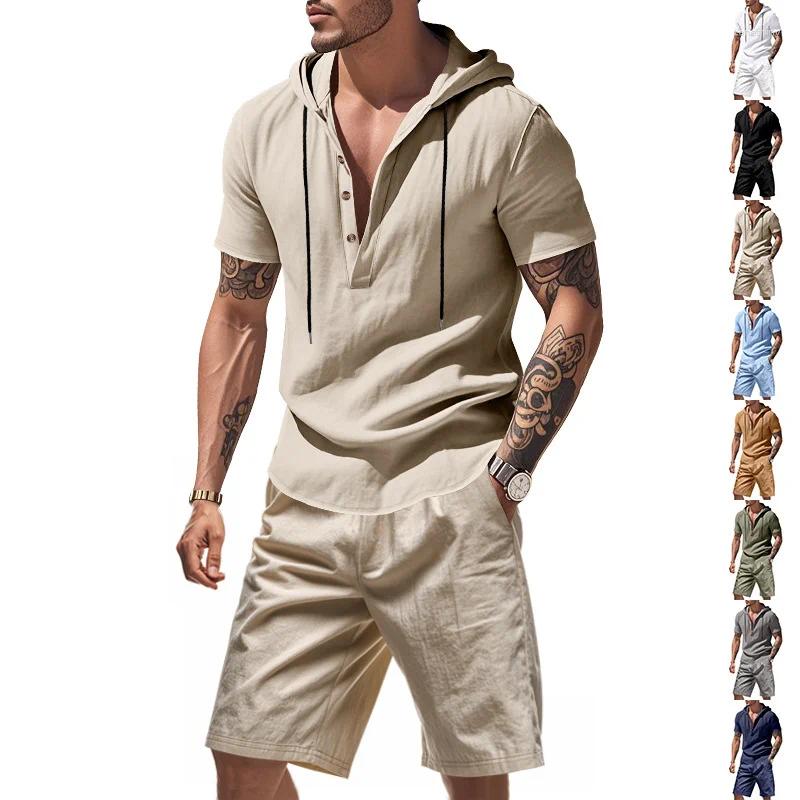 American Summer Suit Short Sleeve Shorts Men's Linen Hooded Beach Casual Shirt Set