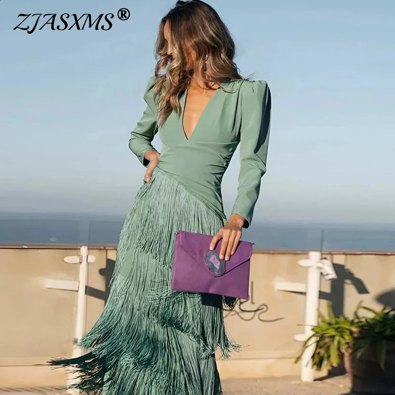 Autumn Long Sleeve Spliced Tassel Party Dresses Woman Elegant Deep V Neck Sheath Long Dress Fashion Solid Pleated Bohemian Dress 260920