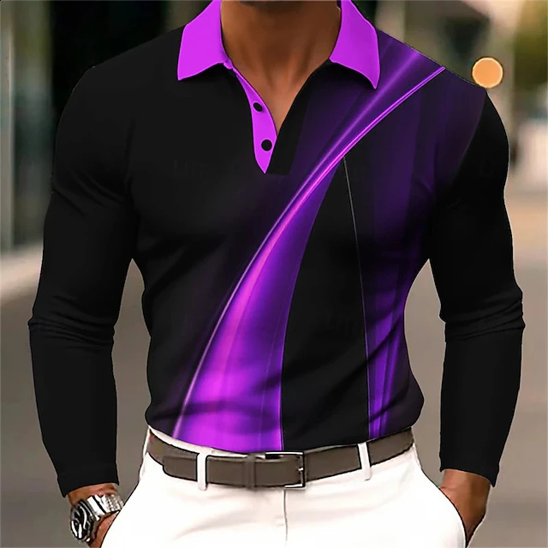 Fashion Men's Long Sleeve Polo Shirt 3D Printing Geometic Lines Printed Casual Tops Fall Winter Polo Shirt For Men Clothing 260920