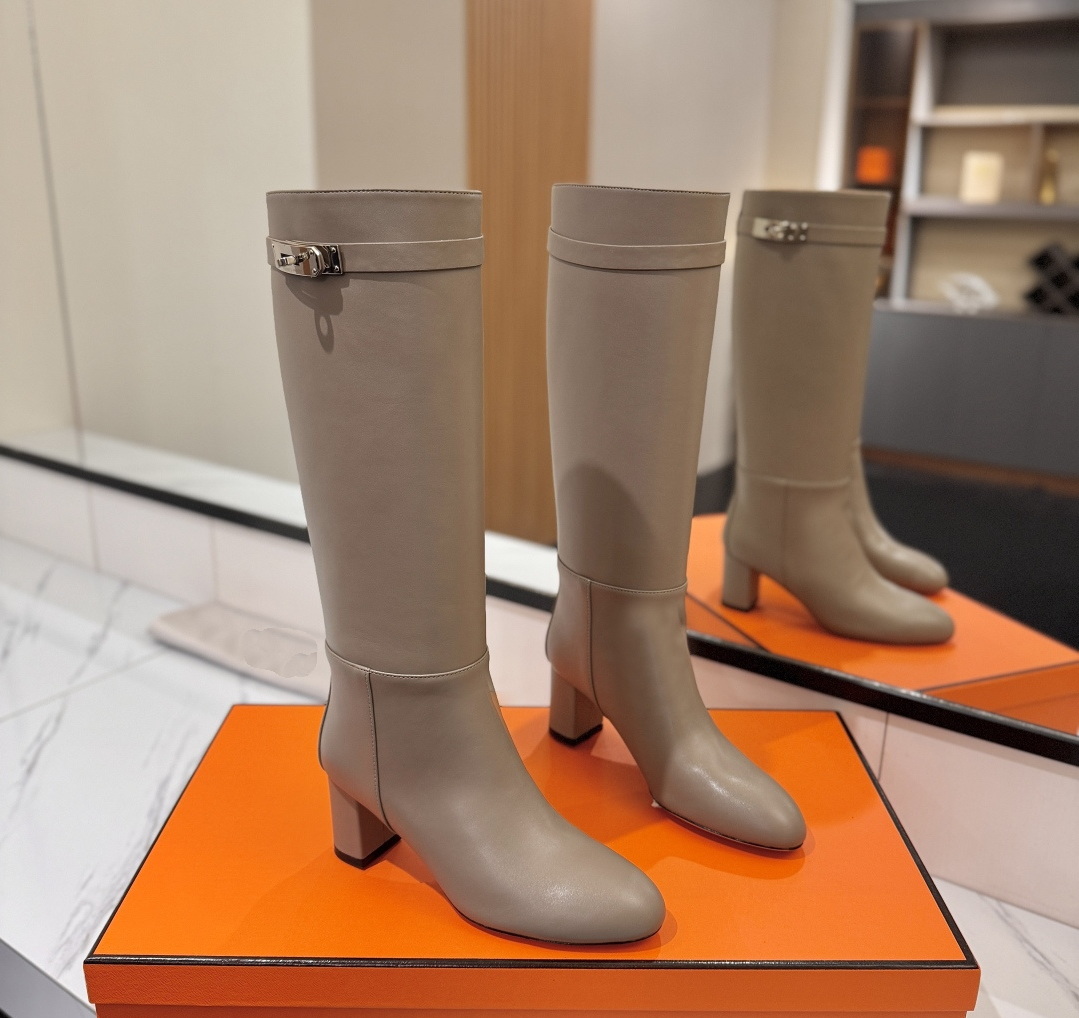 Designer Womens Dress Shoes Luxury Brown Suede Metal Buckle Modern Boots Square Toe Slip-On Stilettos Heels Knee High Boots Large Size Boots