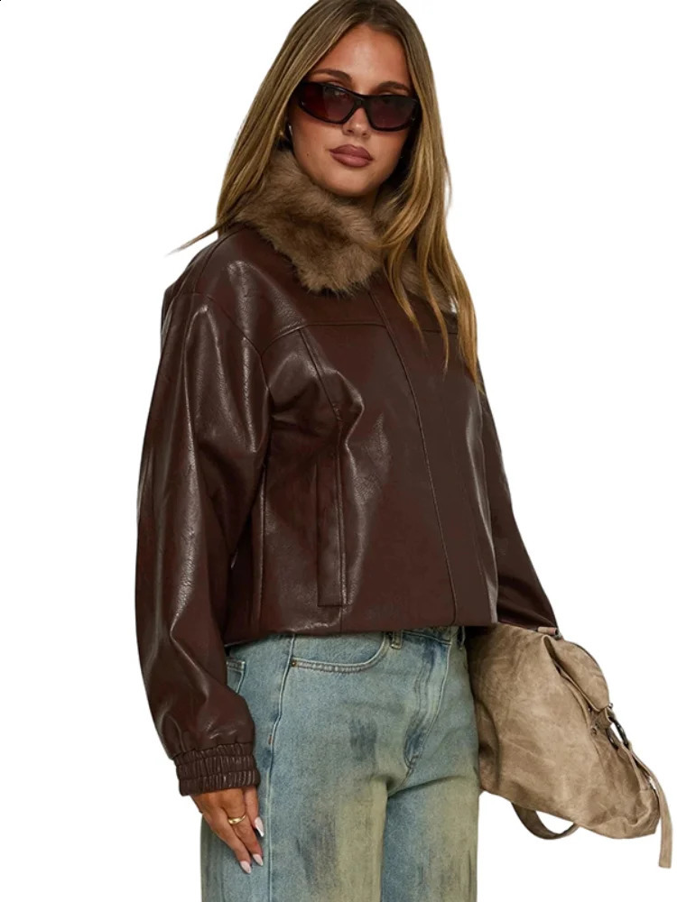 Faux Fur Collar Leather Coat Single Breasted Structured Shoulder Maxi Trench Womens Vintage Daily Streetwear Outerwear 260920