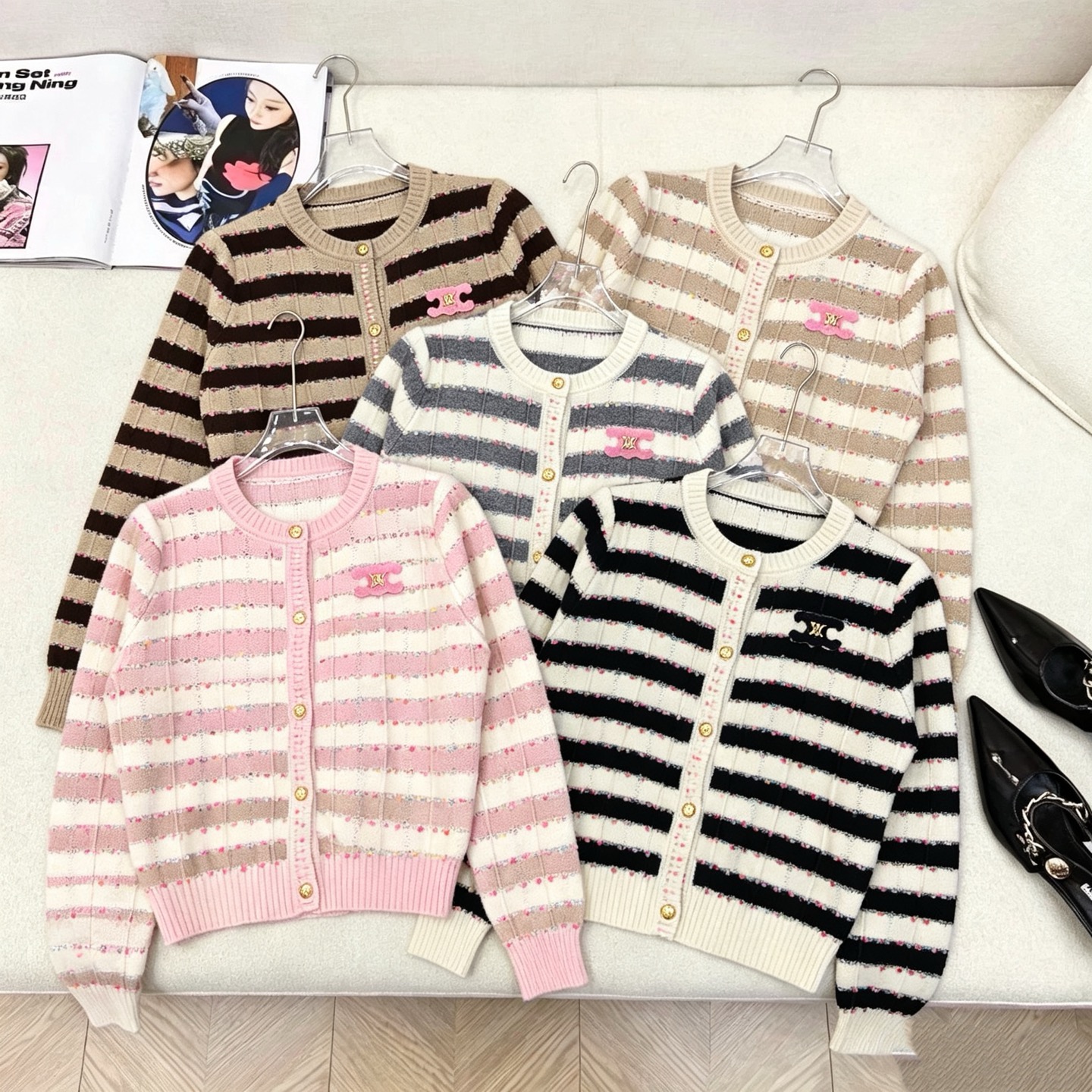 Autumn and winter new knitted sweater cardigan striped round neck fragrant style versatile design color blocked spring and autumn long sleeved jacke
