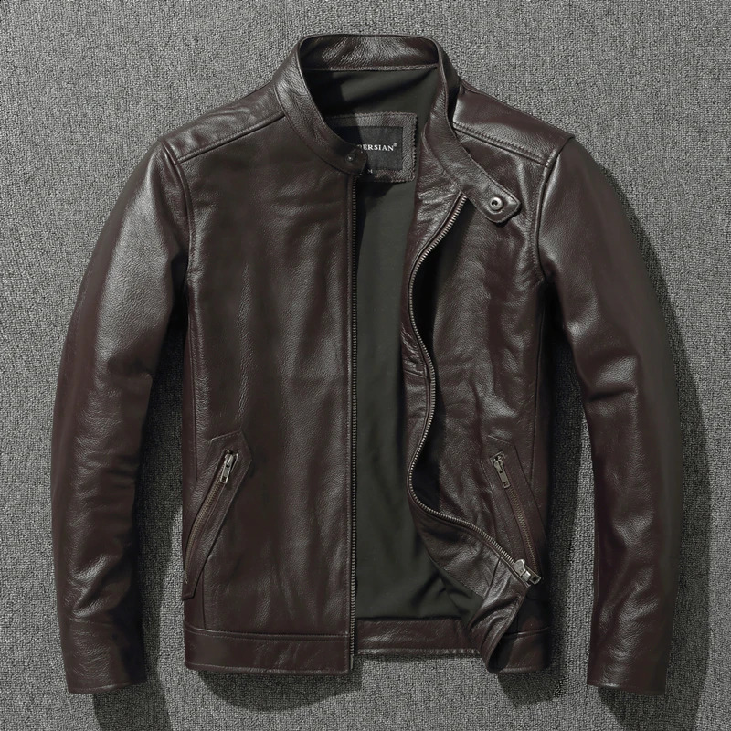 Top Layer Cowhide Jacket Fashion SlimFit Stand Collar Leisure Bomber Jacket 100% Genuine Leather Men's Vintage Short Zipper M 260920