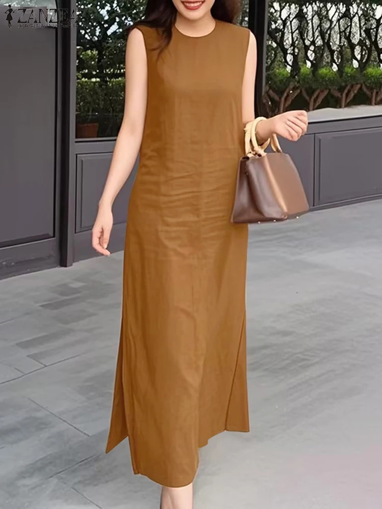ZANZEA Women Sleeveless Maxi Dresses ONeck Casual SideSlit Fashion Long Robes Femme Summer Commute Solid Tank Vestidos 260920