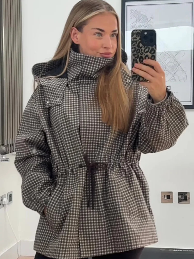 Fashion Retro Plaid Women Hooded Jacket Long Sleeve Waist Cinching Loose Light Outerwear Casual 2026 Autumn Daily Lady Wear 260920