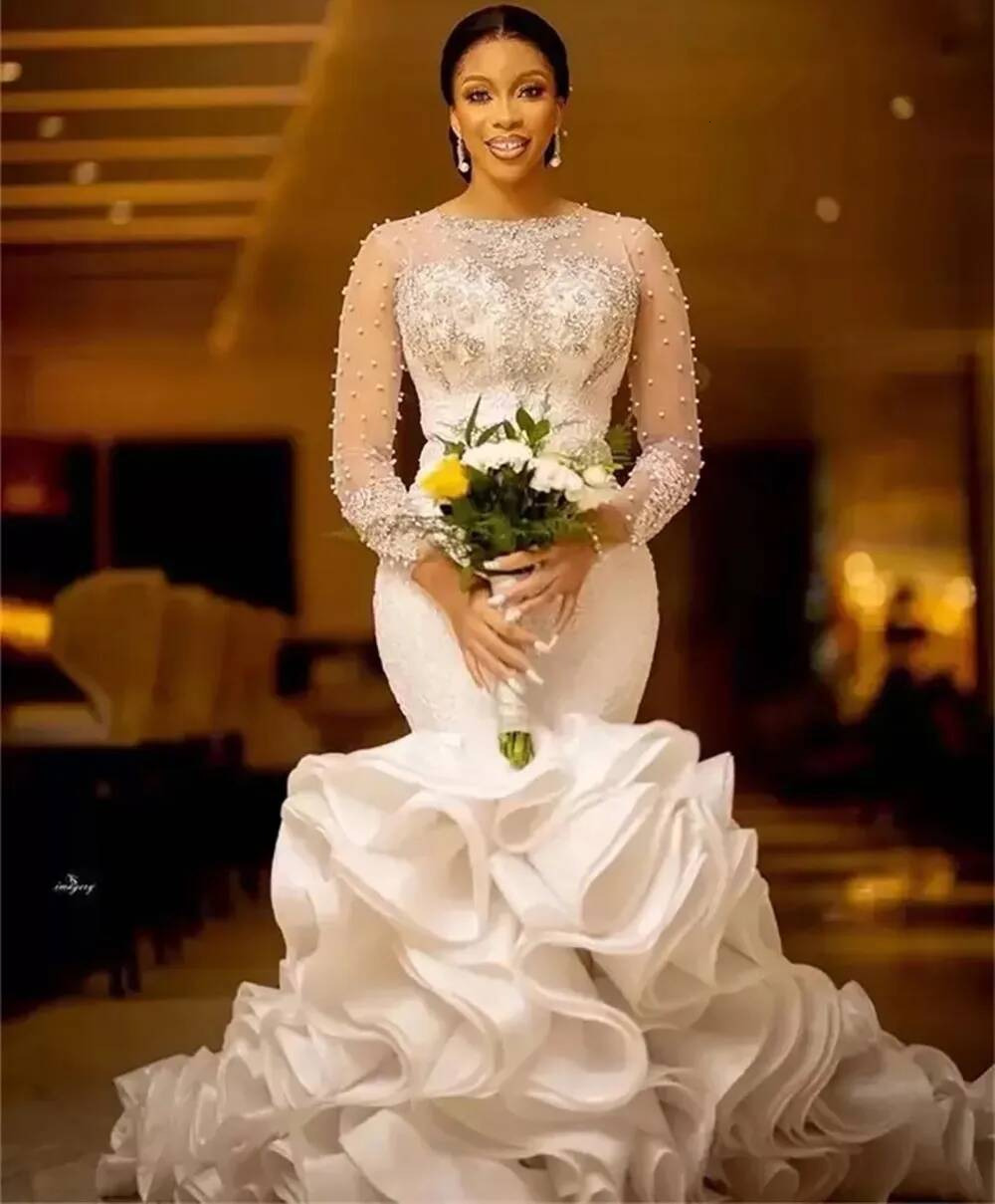 Cascading Tier Ruffles Mermaid Wedding Dresses Sheer Long Sleeves Lace Appliques Heavy Pearls Plus Size Bridal Party Gowns Robe