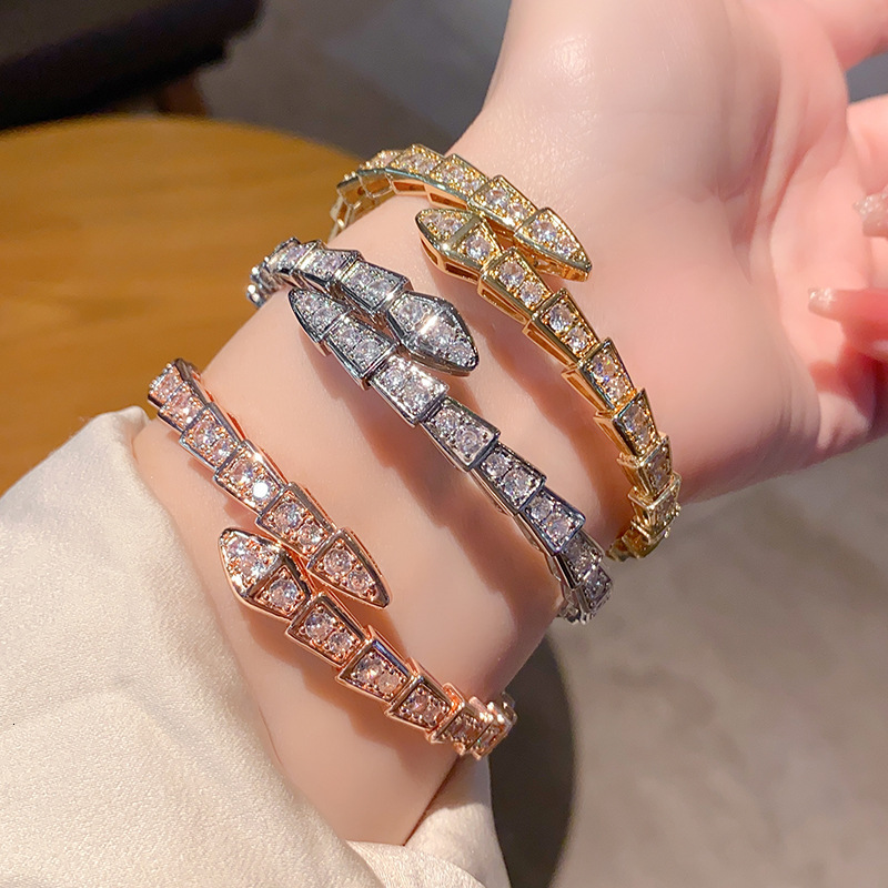 Full snake-shaped bracelet, open diamond bangle, rose gold spring jewelry, instant delivery