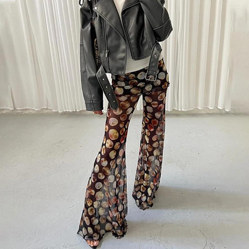 Mesh Leopard Print Trousers Woman Fashion High Waist Wide Leg Pants Female Elegant Printed Long Bottoms Y2k