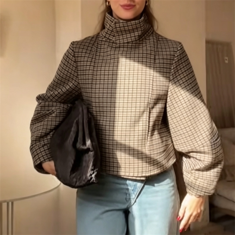 Vintage Check Funnel Neck Women's Jacket Sleeve Double Breasted Cropped Coat Autumn Winter Woolen Blend Lady Slim Jackets 260918