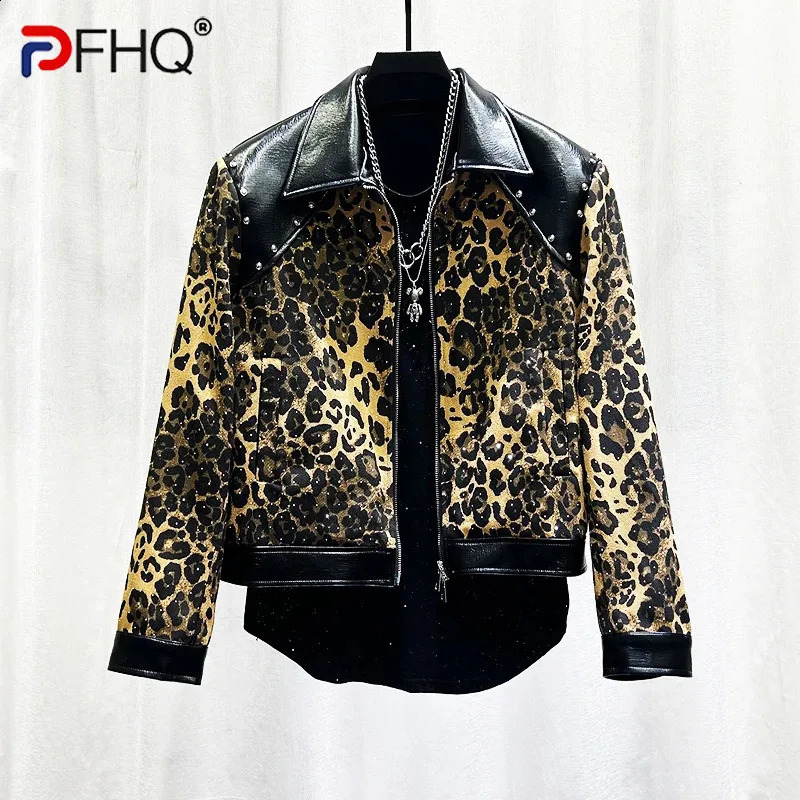 PFHQ Fashion Mens Jacket American Style Leopard Print Patchwork Rivet Spliced Leather Lapel Short Zipper Coats 21P1523 260920