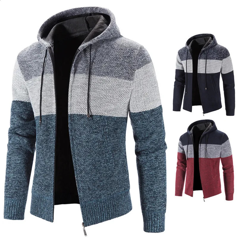 Men's Hooded Cardigan Patchwork Color Autumn Leisure And Comfortable Blocking Warm Zipper Style Sweater Size 3XL 260918