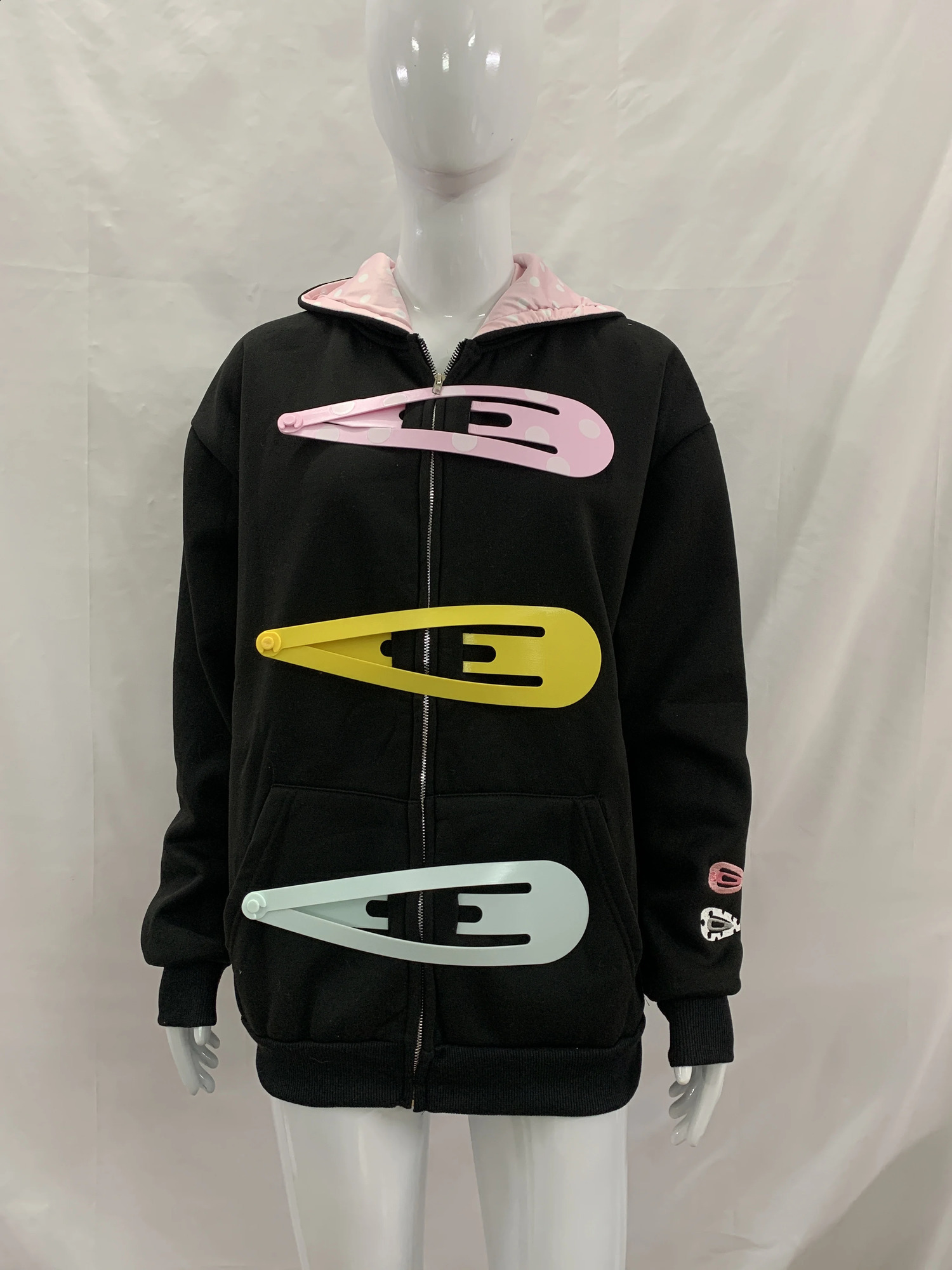 Coquette Y2K Clip para el cabello Estampado con cremallera Sudadera con capucha Forro de lunares Ropa de calle informal de gran tamaño Chaqueta con
