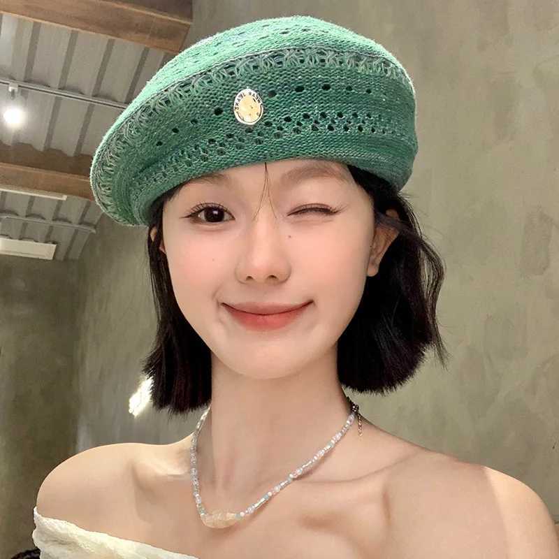 green Berets mint Vintage hollow beret women's summer thin breathable face small bud hat big head circumference painter hat N260919