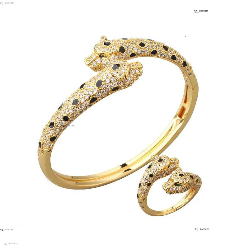 Trendy Full Diamond Double Head bracelet Ring High end Light Fashion Luxury Silver Plated Leopard Bangle Bracelet