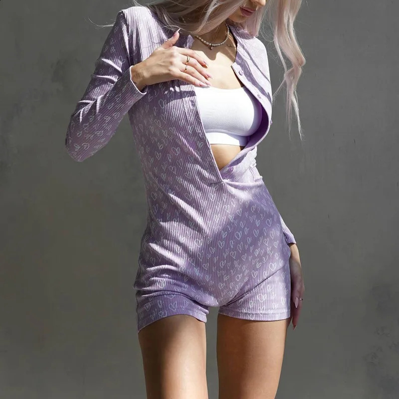 Women's Printed One-Piece Shorts Casual Button-Up Blouse Long Sleeve V-Neck Spring Summer Tight Fit Clothing 260918