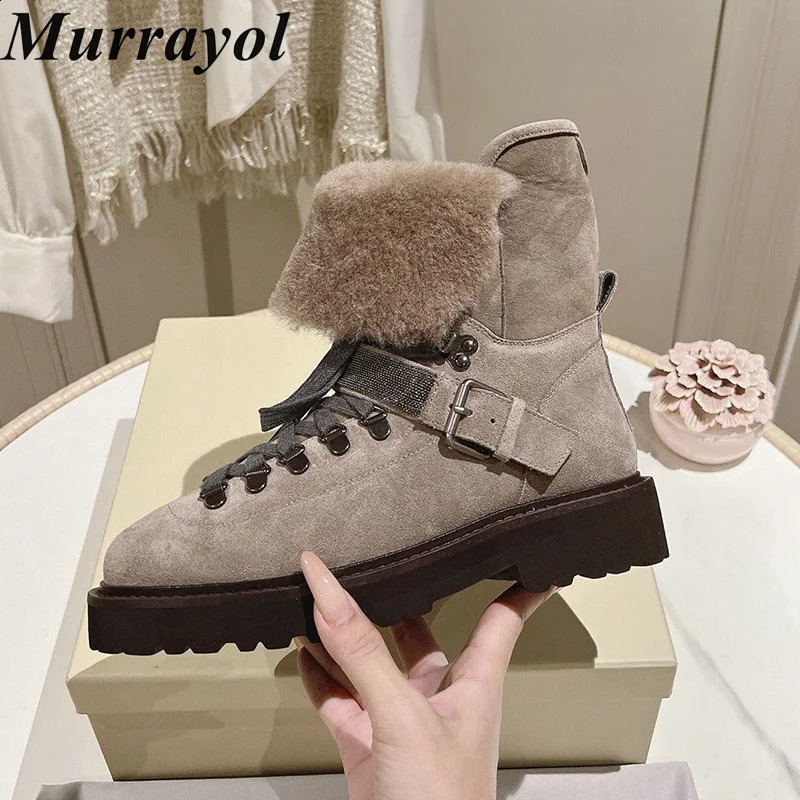 Botas de nieve para mujer, forro de lana de gamuza de vaca, decoración de cuentas, prendas de vestir, botines de esquí de fondo plano y grueso antid