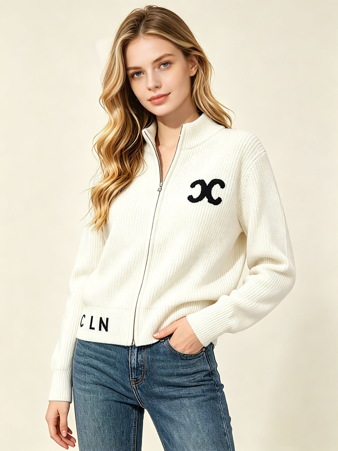 Luxury Ribbed Knitted Women Sweater High Neck Embroidered Logo Cardigan Autumn Winter High End Outerwear