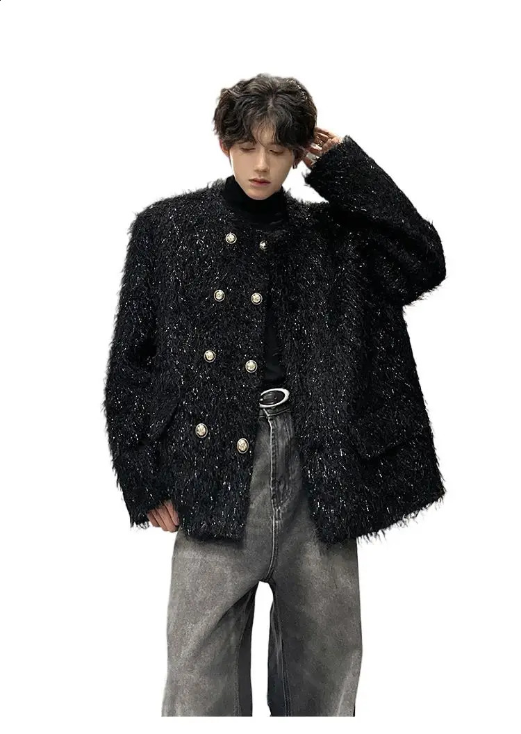 Mens Doublebreasted Woolen jacket Cardigan Autumn Winter Trend Collarless Jacket Fashion Korean Style Chic Elgance Coat 260920