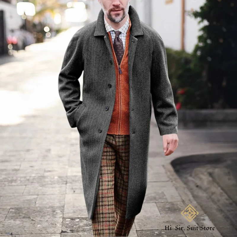 Retro Mens Long Trench Coat Herringbone Jackets Tweed Slim Fit Prom Peacoat Wool Blend Blazer Coats Casual Mens Winter Jacket 260920