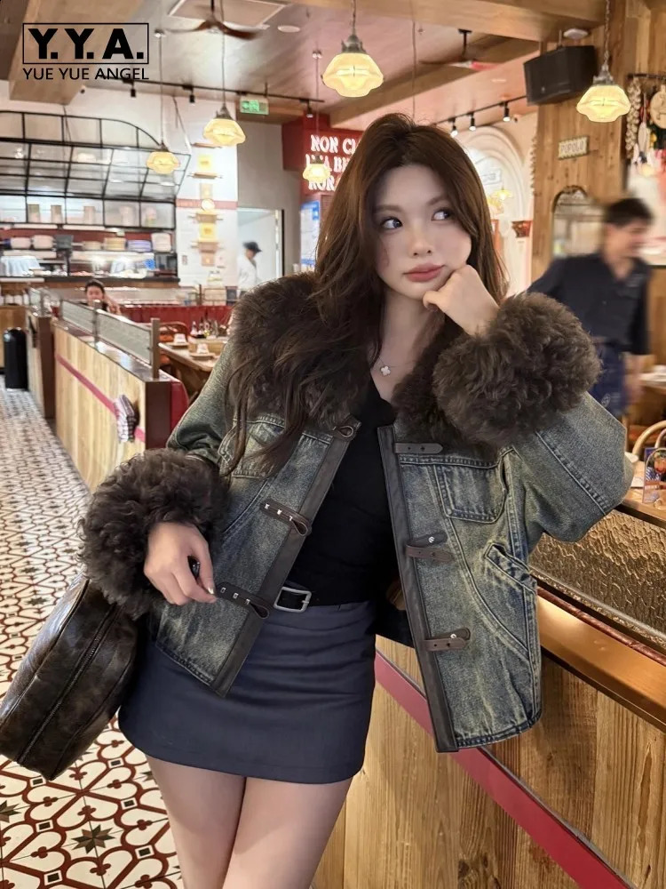 Autumn Women Goose Down Coat Wool Collar Spliced Denim Puffer Jacket Retro Top Quality Short Outerwear Winter Chic Overcoat 260911