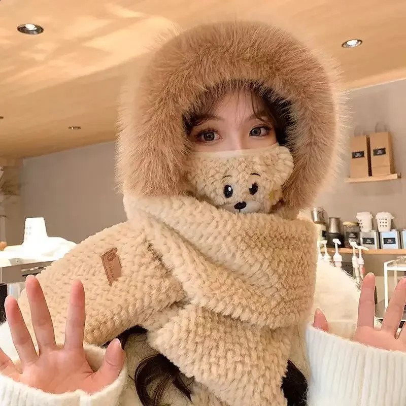 Cute Bear Plush Hat Scarf Integrated Winter Women's Cycling Windproof Warm Ear Protection Fleece Lined Scarf Hat Set 260918