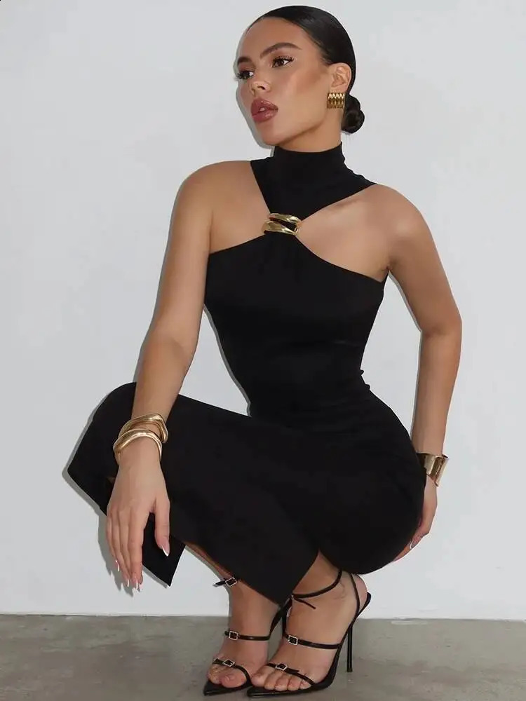 Mozision Turtleneck Offshoulder Sexy Maxi Dress Women Gown Summer Ring Metal Sleeveless Backless Skinny Knit Long Dress 260920