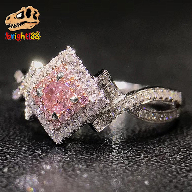 Luxury Fashion Women Engagement and Wedding Diamond pink Ring Sterling Silver 925 with Gold Jewelry Moissanite Diamond Ring