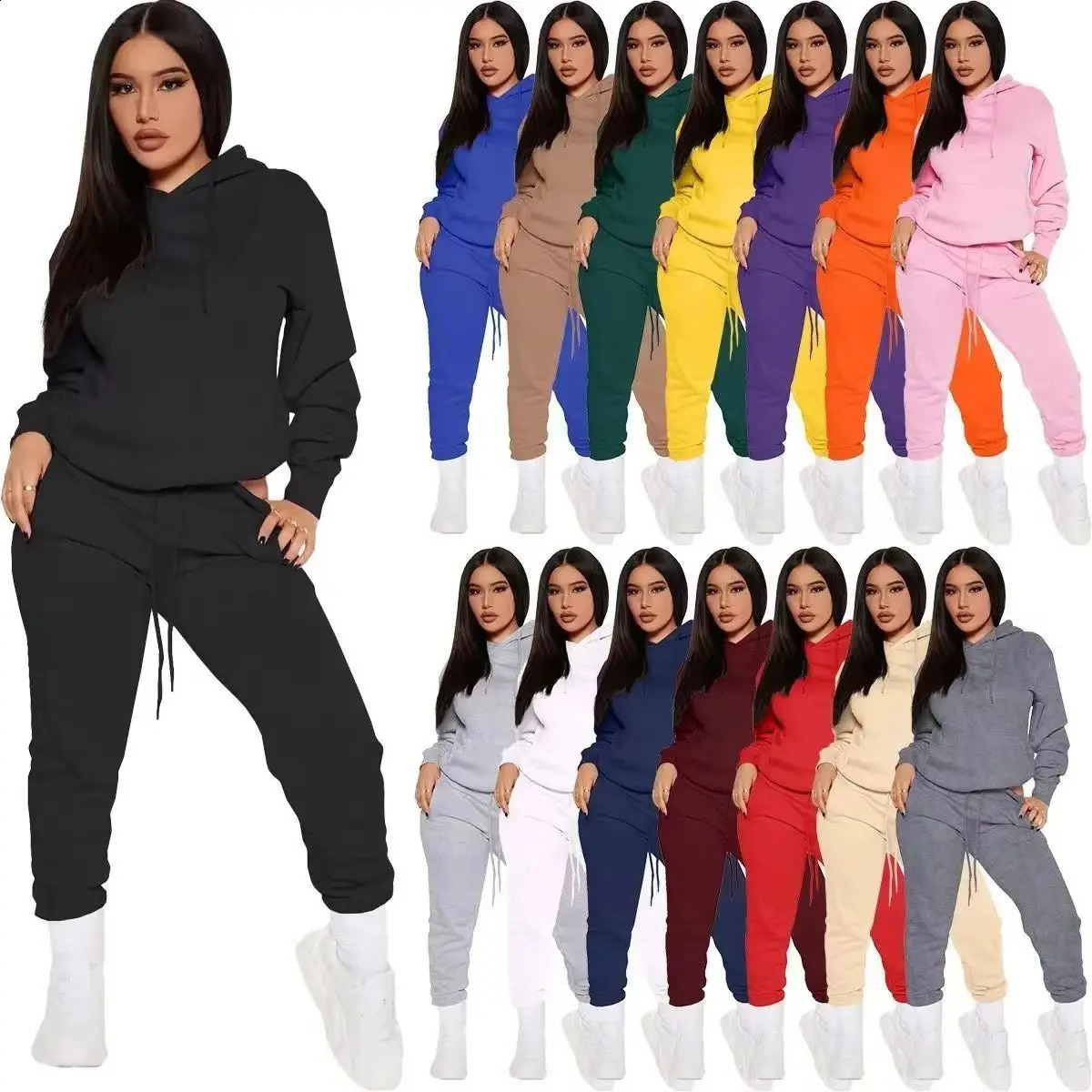 Winter Tracksuit Women Two Piece Set - Oversized Hoodie Sweatpants Solid Color Sportswear Suit |Casual Sweatshirt Trouser Set 260920