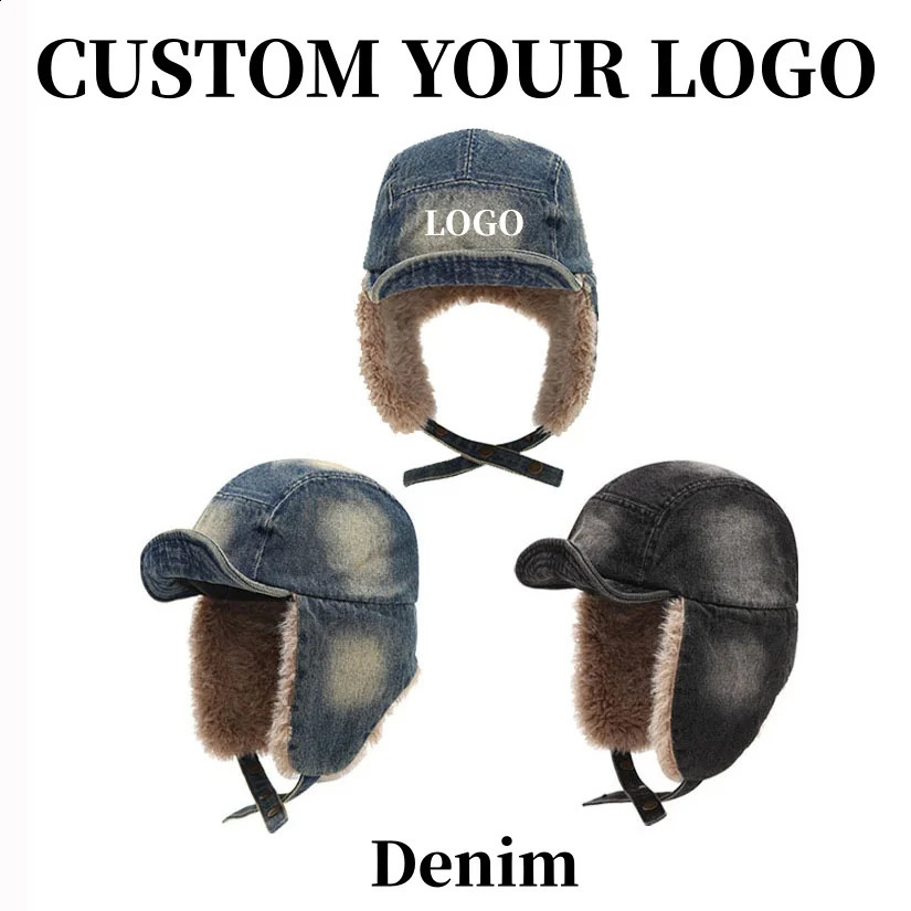 Custom Japanese Washed Denim Fleece Skiing Lei Feng Hat Winter Men and Women Retro Thickened Ear Protection Flying Bomber Hats 260918