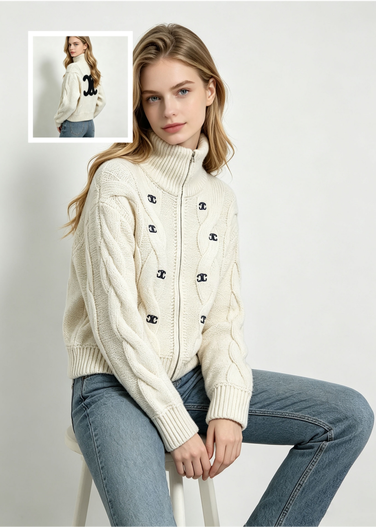 Women's sweater autumn and winter stand collar zipper twist knit cardigan new letter embroidered sweater coat women thick
